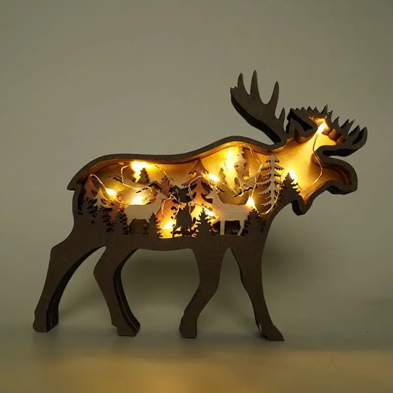 3D wooden animal-shaped handicrafts with lights, featuring deer and elk designs, suitable for home decoration, wall hanging, and tabletop display.