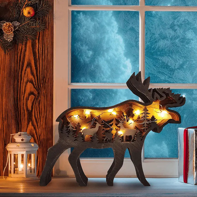 3D wooden animal-shaped handicrafts with lights, featuring deer and elk designs, suitable for home decoration, wall hanging, and tabletop display.