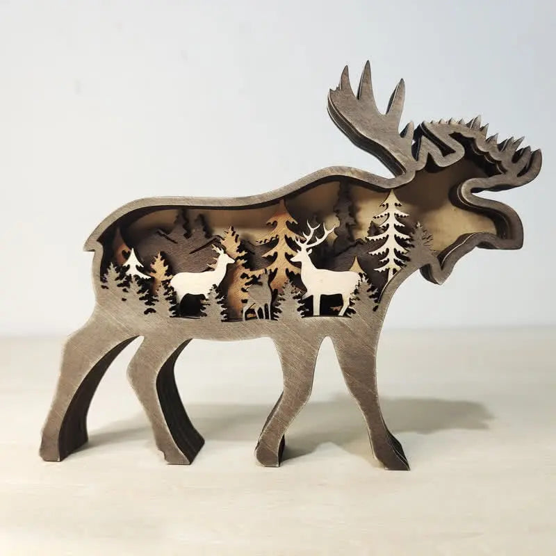 3D wooden animal-shaped handicrafts with lights, featuring deer and elk designs, suitable for home decoration, wall hanging, and tabletop display.