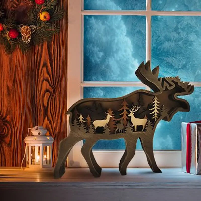 3D wooden animal-shaped handicrafts with lights, featuring deer and elk designs, suitable for home decoration, wall hanging, and tabletop display.