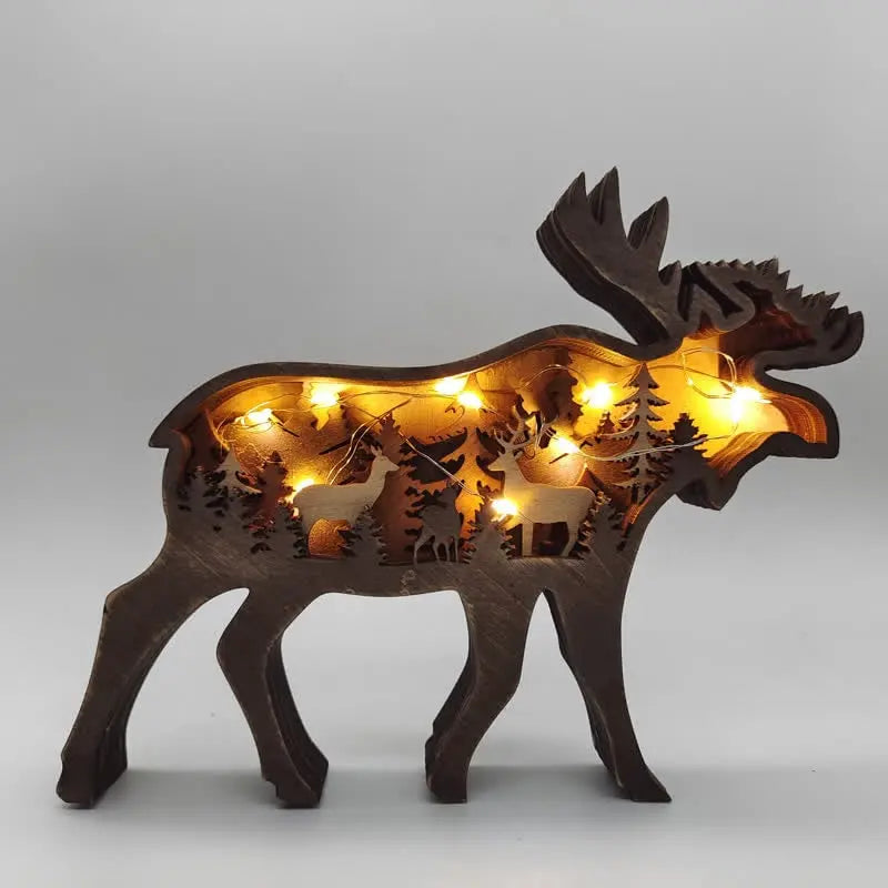 3D wooden animal-shaped handicrafts with lights, featuring deer and elk designs, suitable for home decoration, wall hanging, and tabletop display.