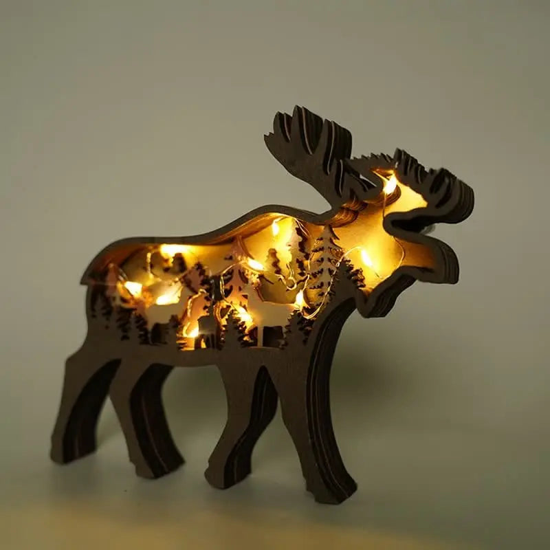 3D wooden animal-shaped handicrafts with lights, featuring deer and elk designs, suitable for home decoration, wall hanging, and tabletop display.