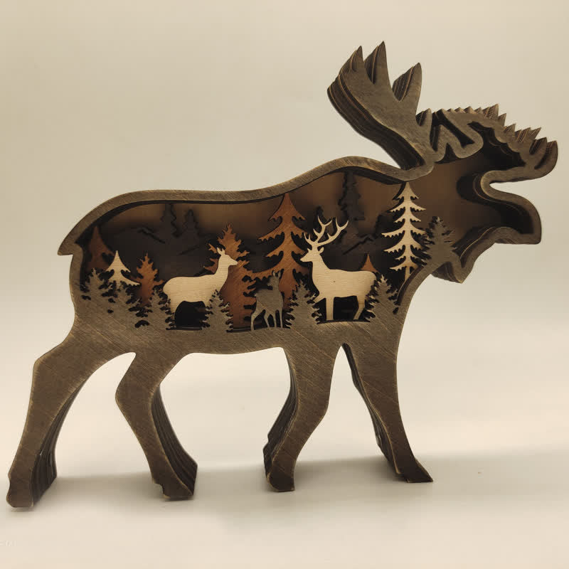 3D wooden animal-shaped handicrafts with lights, featuring deer and elk designs, suitable for home decoration, wall hanging, and tabletop display.